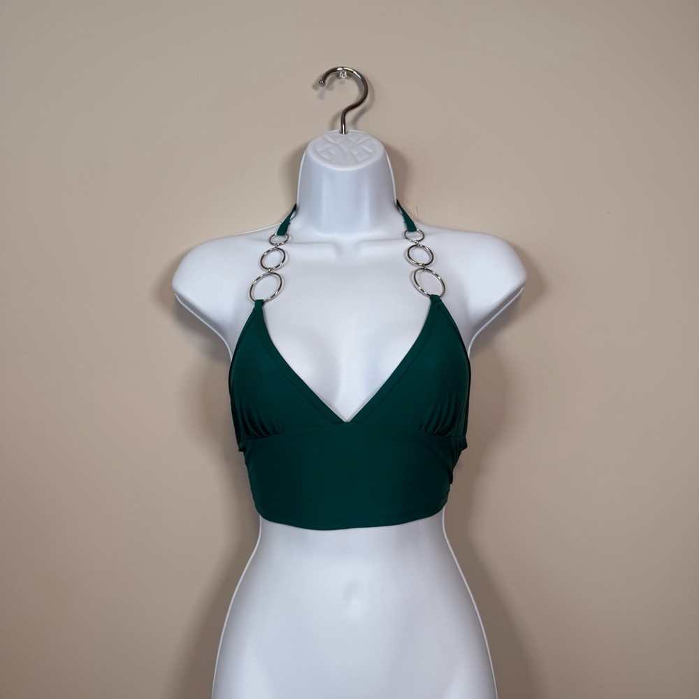 Green Halter Bikini Top with Silver Rings